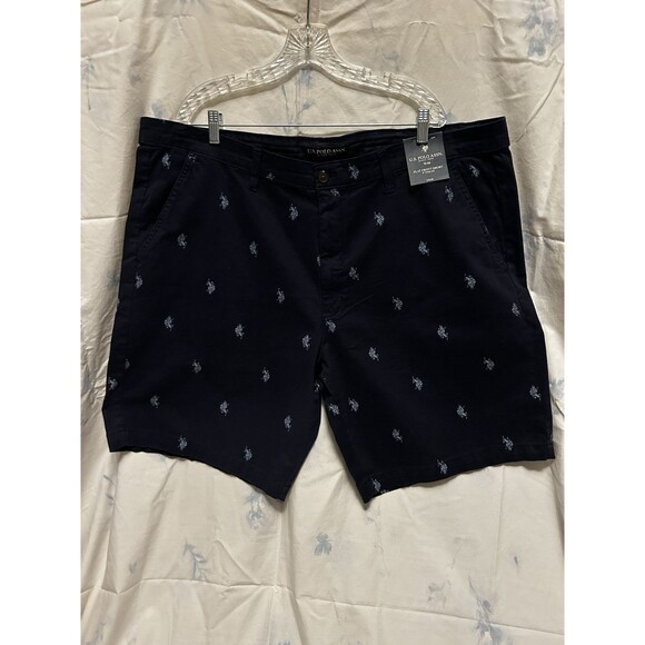 US Polo Assn Men’s Chino Flat Front All Over Logo Shorts Navy Blue Size 46 - Picture 1 of 7